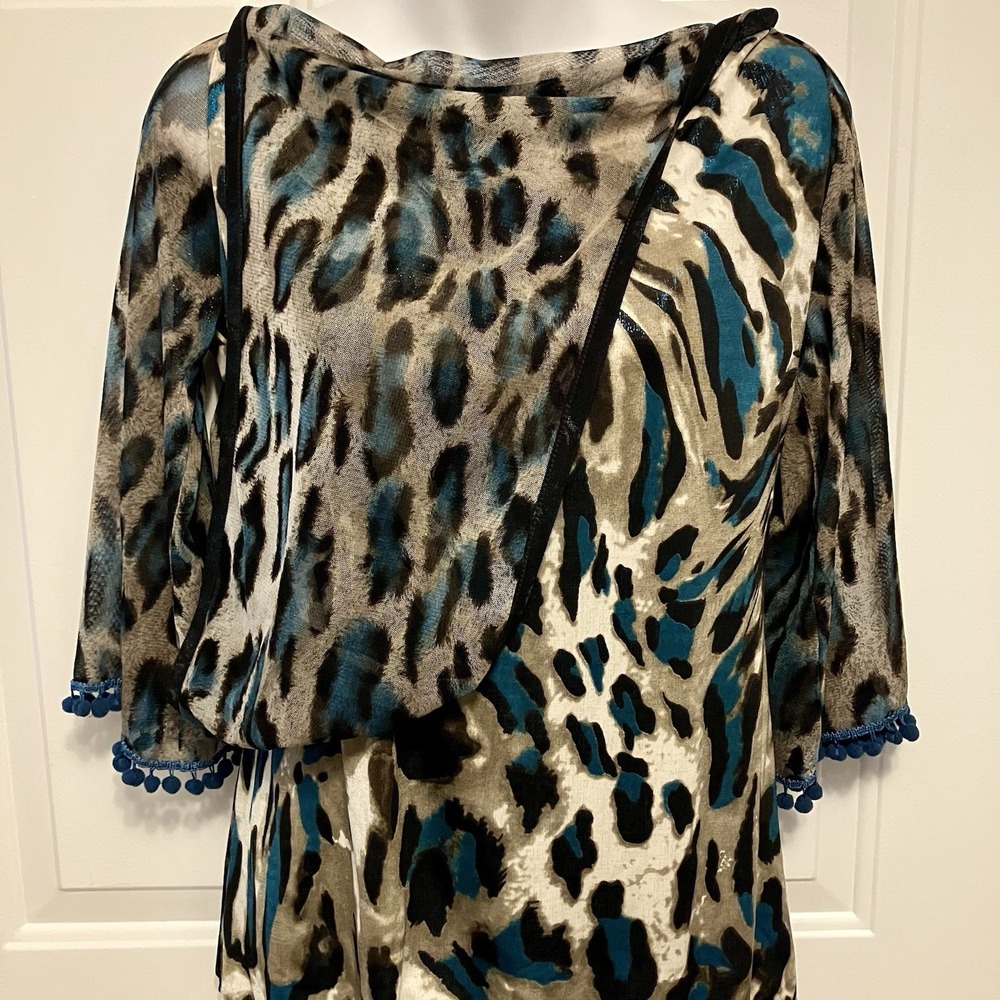 NWT Anac By Kimi Sz Large Art to Wear Mesh Top Black Green Animal Print Shirt